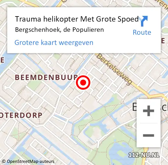 Locatie op kaart van de 112 melding: Trauma helikopter Met Grote Spoed Naar Bergschenhoek, de Populieren op 8 november 2022 13:48