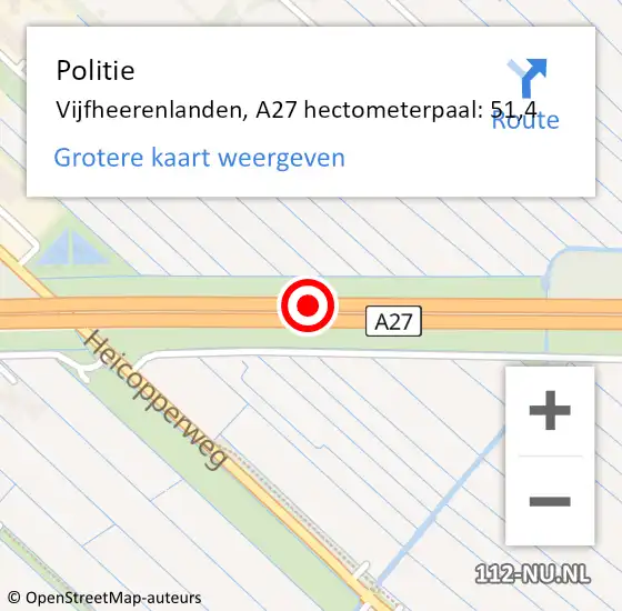 Locatie op kaart van de 112 melding: Politie Vijfheerenlanden, A27 hectometerpaal: 51,4 op 8 november 2022 15:12