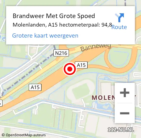 Locatie op kaart van de 112 melding: Brandweer Met Grote Spoed Naar Molenlanden, A15 hectometerpaal: 94,8 op 8 november 2022 15:15