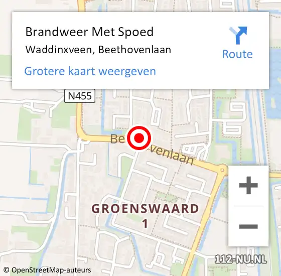 Locatie op kaart van de 112 melding: Brandweer Met Spoed Naar Waddinxveen, Beethovenlaan op 8 november 2022 15:54