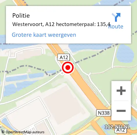 Locatie op kaart van de 112 melding: Politie Westervoort, A12 hectometerpaal: 135,4 op 8 november 2022 17:45