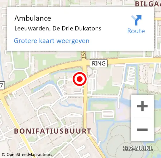 Locatie op kaart van de 112 melding: Ambulance Leeuwarden, De Drie Dukatons op 8 november 2022 19:12