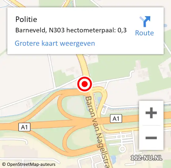 Locatie op kaart van de 112 melding: Politie Barneveld, N303 hectometerpaal: 0,3 op 9 november 2022 02:03