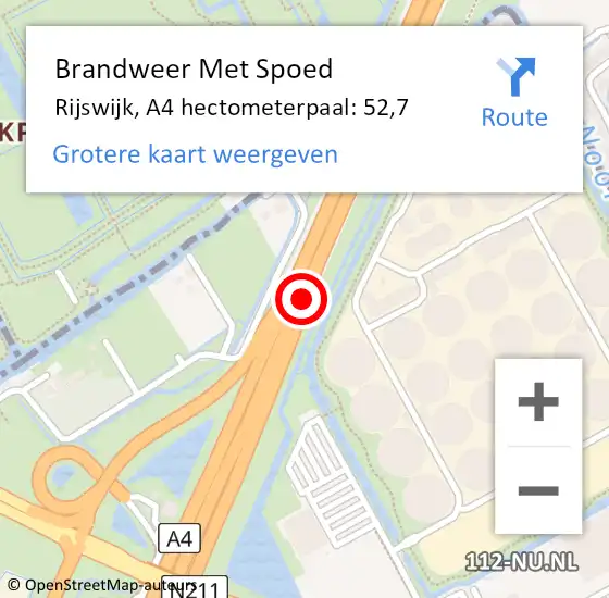 Locatie op kaart van de 112 melding: Brandweer Met Spoed Naar Rijswijk, A4 hectometerpaal: 52,7 op 9 november 2022 07:05