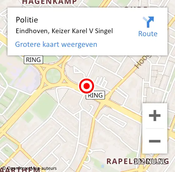 Locatie op kaart van de 112 melding: Politie Eindhoven, Keizer Karel V Singel op 9 november 2022 08:54