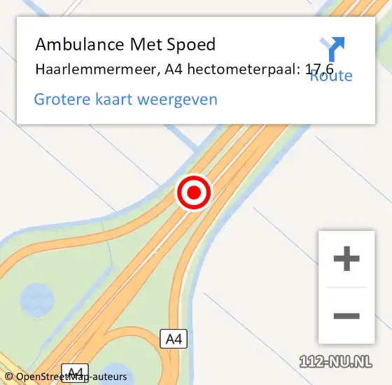 Locatie op kaart van de 112 melding: Ambulance Met Spoed Naar Haarlemmermeer, A4 hectometerpaal: 17,6 op 9 november 2022 09:08