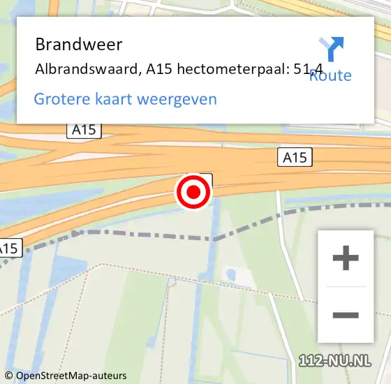 Locatie op kaart van de 112 melding: Brandweer Albrandswaard, A15 hectometerpaal: 51,4 op 9 november 2022 14:10