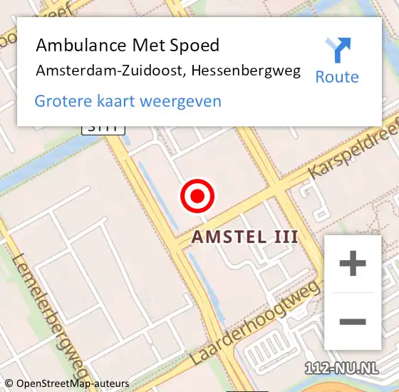 Locatie op kaart van de 112 melding: Ambulance Met Spoed Naar Amsterdam-Zuidoost, Hessenbergweg op 9 november 2022 14:20