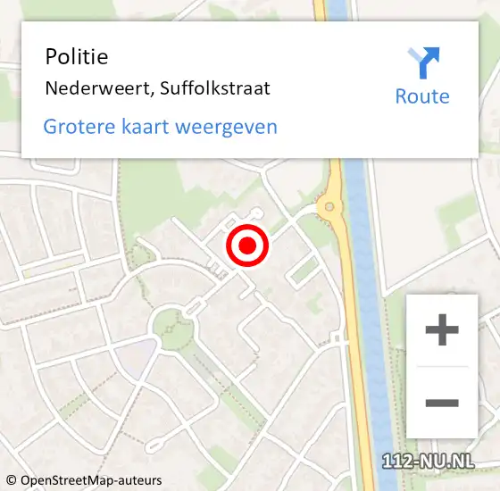 Locatie op kaart van de 112 melding: Politie Nederweert, Suffolkstraat op 9 november 2022 15:22