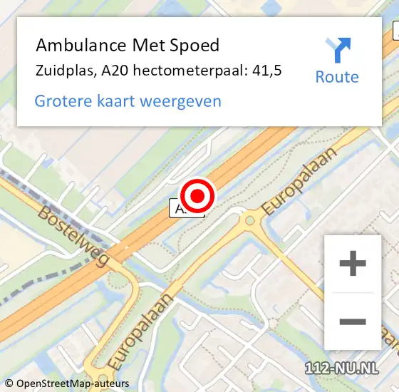 Locatie op kaart van de 112 melding: Ambulance Met Spoed Naar Zuidplas, A20 hectometerpaal: 41,5 op 9 november 2022 16:15