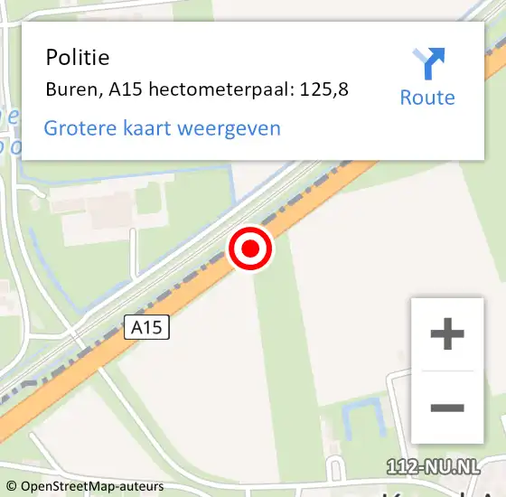 Locatie op kaart van de 112 melding: Politie Buren, A15 hectometerpaal: 125,8 op 9 november 2022 16:43