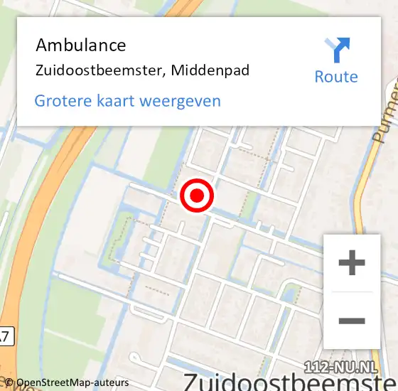 Locatie op kaart van de 112 melding: Ambulance Zuidoostbeemster, Middenpad op 9 november 2022 18:20