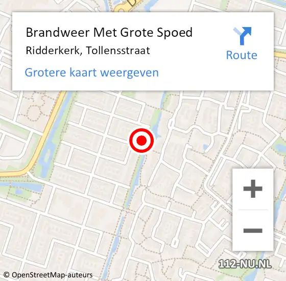 Locatie op kaart van de 112 melding: Brandweer Met Grote Spoed Naar Ridderkerk, Tollensstraat op 9 november 2022 19:23