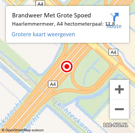 Locatie op kaart van de 112 melding: Brandweer Met Grote Spoed Naar Haarlemmermeer, A4 hectometerpaal: 11,8 op 9 november 2022 21:03