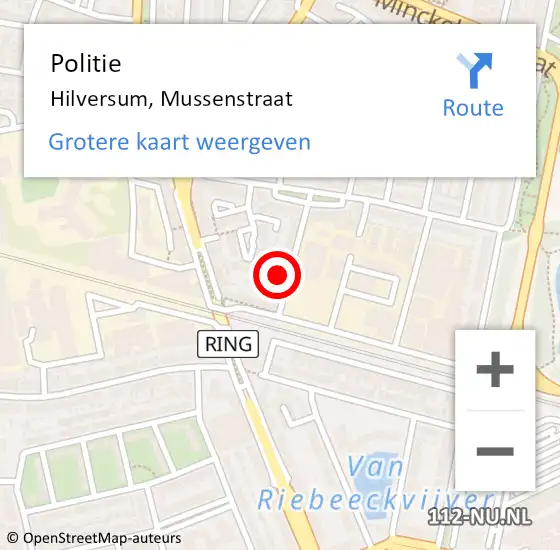 Locatie op kaart van de 112 melding: Politie Hilversum, Mussenstraat op 9 november 2022 22:04