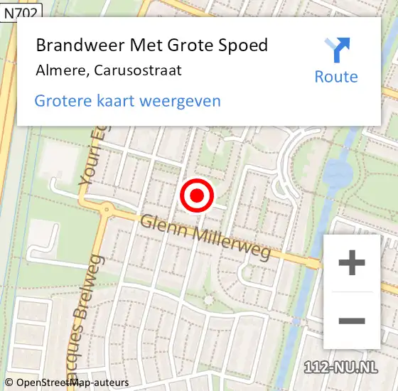 Locatie op kaart van de 112 melding: Brandweer Met Grote Spoed Naar Almere, Carusostraat op 10 november 2022 01:34
