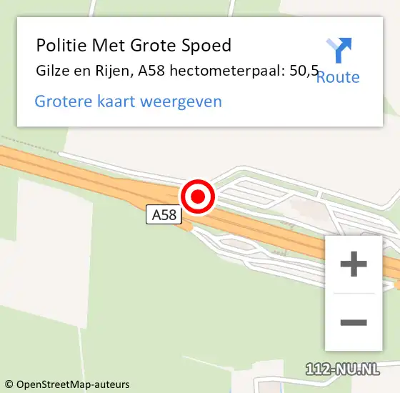 Locatie op kaart van de 112 melding: Politie Met Grote Spoed Naar Gilze en Rijen, A58 hectometerpaal: 50,5 op 10 november 2022 07:22