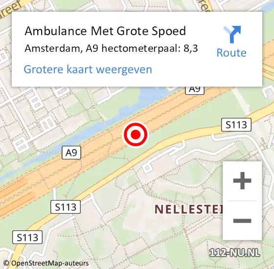 Locatie op kaart van de 112 melding: Ambulance Met Grote Spoed Naar Amsterdam, A9 hectometerpaal: 8,3 op 10 november 2022 08:36