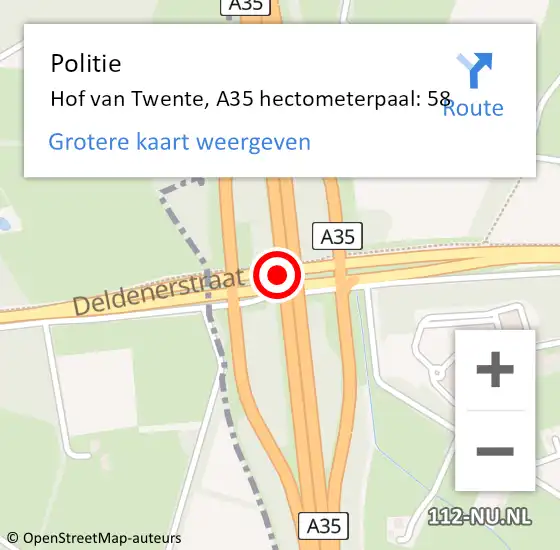 Locatie op kaart van de 112 melding: Politie Hof van Twente, A35 hectometerpaal: 58 op 10 november 2022 08:57