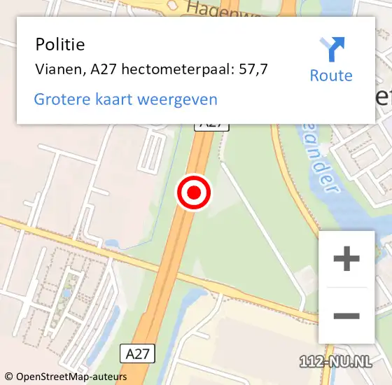 Locatie op kaart van de 112 melding: Politie Vijfheerenlanden, A27 hectometerpaal: 57,7 op 10 november 2022 10:05