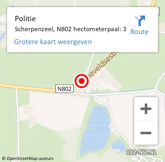 Locatie op kaart van de 112 melding: Politie Scherpenzeel, N802 hectometerpaal: 3 op 10 november 2022 12:28