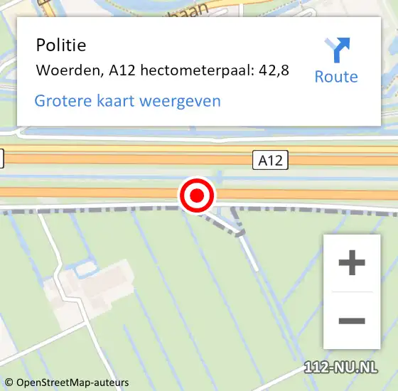 Locatie op kaart van de 112 melding: Politie Woerden, A12 hectometerpaal: 42,8 op 10 november 2022 13:38