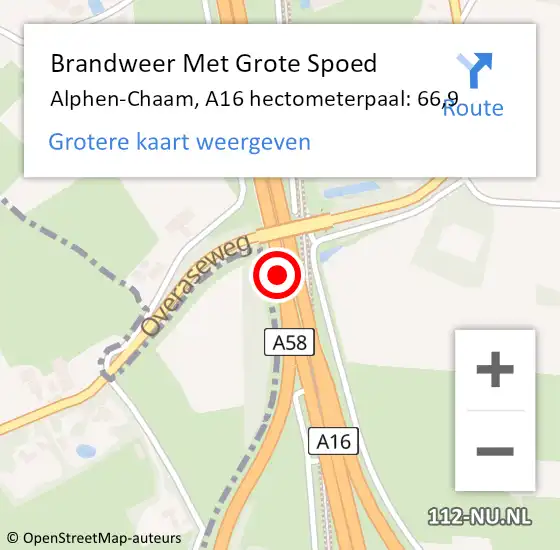 Locatie op kaart van de 112 melding: Brandweer Met Grote Spoed Naar Alphen-Chaam, A16 hectometerpaal: 66,9 op 10 november 2022 15:00