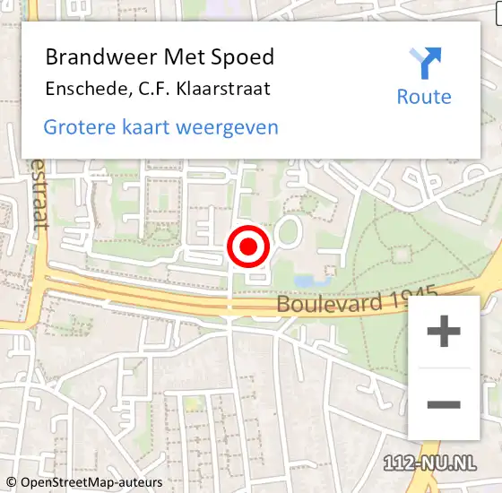 Locatie op kaart van de 112 melding: Brandweer Met Spoed Naar Enschede, C.F. Klaarstraat op 10 november 2022 16:59