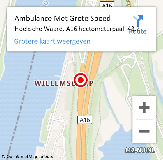 Locatie op kaart van de 112 melding: Ambulance Met Grote Spoed Naar Hoeksche Waard, A16 hectometerpaal: 43,2 op 10 november 2022 17:26