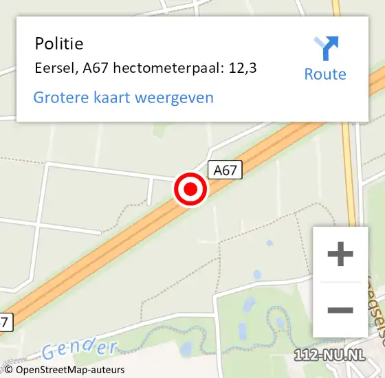 Locatie op kaart van de 112 melding: Politie Eersel, A67 hectometerpaal: 12,3 op 10 november 2022 17:42