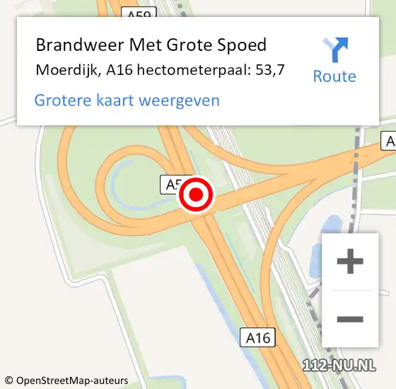 Locatie op kaart van de 112 melding: Brandweer Met Grote Spoed Naar Moerdijk, A16 hectometerpaal: 53,7 op 10 november 2022 17:43