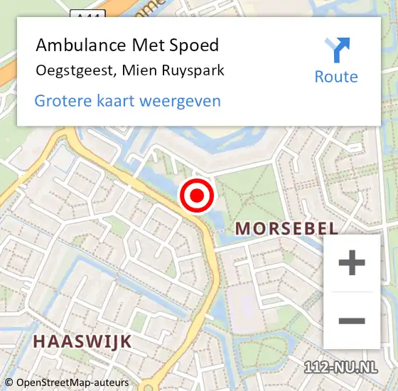 Locatie op kaart van de 112 melding: Ambulance Met Spoed Naar Oegstgeest, Mien Ruyspark op 10 november 2022 21:26