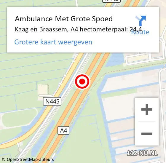 Locatie op kaart van de 112 melding: Ambulance Met Grote Spoed Naar Kaag en Braassem, A4 hectometerpaal: 24,4 op 11 november 2022 06:50