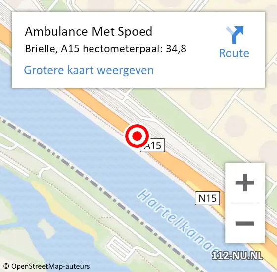 Locatie op kaart van de 112 melding: Ambulance Met Spoed Naar Brielle, A15 hectometerpaal: 34,8 op 11 november 2022 06:53