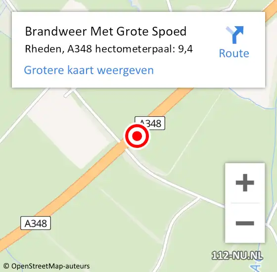 Locatie op kaart van de 112 melding: Brandweer Met Grote Spoed Naar Rheden, A348 hectometerpaal: 9,4 op 11 november 2022 09:50