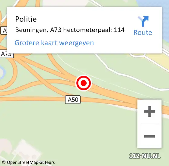 Locatie op kaart van de 112 melding: Politie Beuningen, A73 hectometerpaal: 114 op 11 november 2022 11:45