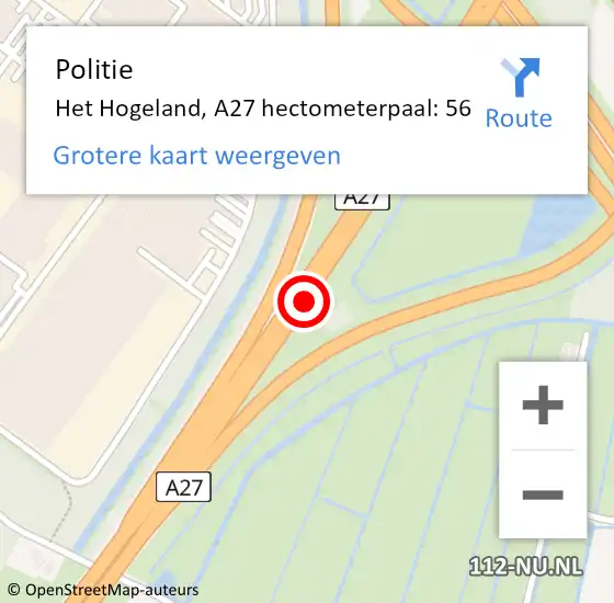 Locatie op kaart van de 112 melding: Politie Het Hogeland, A27 hectometerpaal: 56 op 11 november 2022 12:04