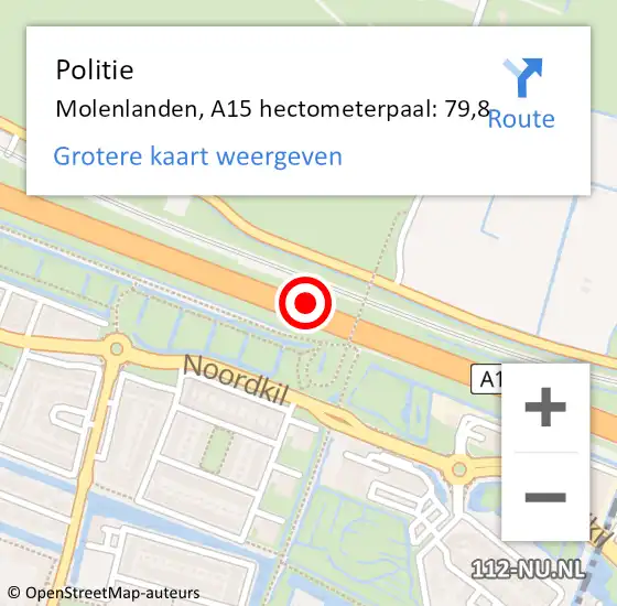 Locatie op kaart van de 112 melding: Politie Molenlanden, A15 hectometerpaal: 79,8 op 11 november 2022 12:51