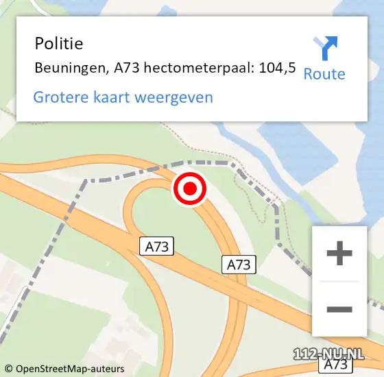 Locatie op kaart van de 112 melding: Politie Beuningen, A73 hectometerpaal: 104,5 op 11 november 2022 14:14