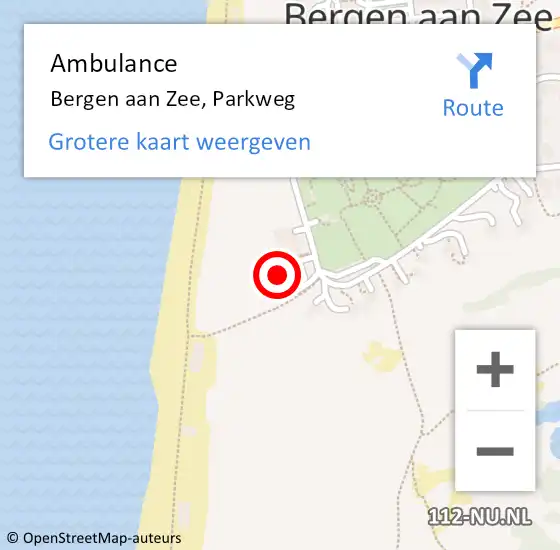 Locatie op kaart van de 112 melding: Ambulance Bergen aan Zee, Parkweg op 11 november 2022 15:56