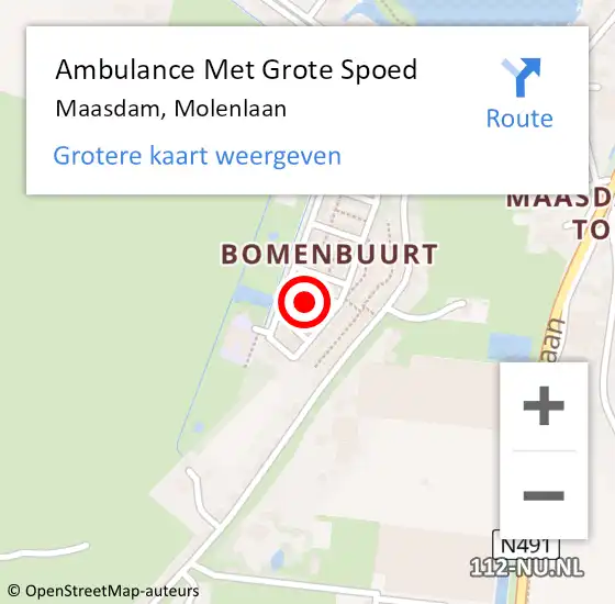 Locatie op kaart van de 112 melding: Ambulance Met Grote Spoed Naar Maasdam, Molenlaan op 11 november 2022 16:33