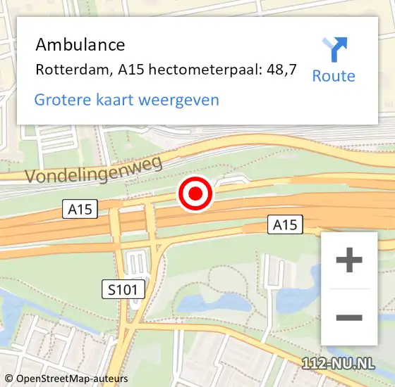 Locatie op kaart van de 112 melding: Ambulance Rotterdam, A15 hectometerpaal: 48,7 op 11 november 2022 17:06