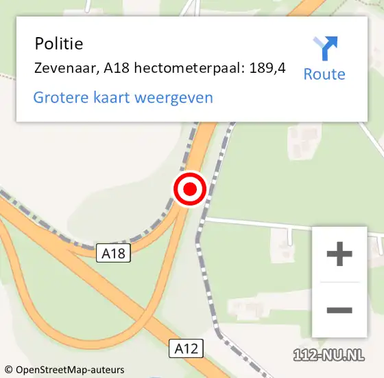 Locatie op kaart van de 112 melding: Politie Zevenaar, A18 hectometerpaal: 189,4 op 11 november 2022 17:15