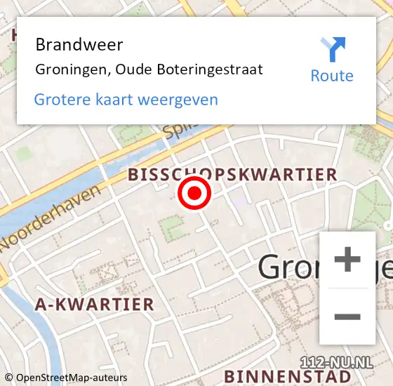 Locatie op kaart van de 112 melding: Brandweer Groningen, Oude Boteringestraat op 11 november 2022 17:48