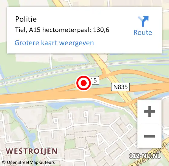 Locatie op kaart van de 112 melding: Politie Tiel, A15 hectometerpaal: 130,6 op 11 november 2022 17:52