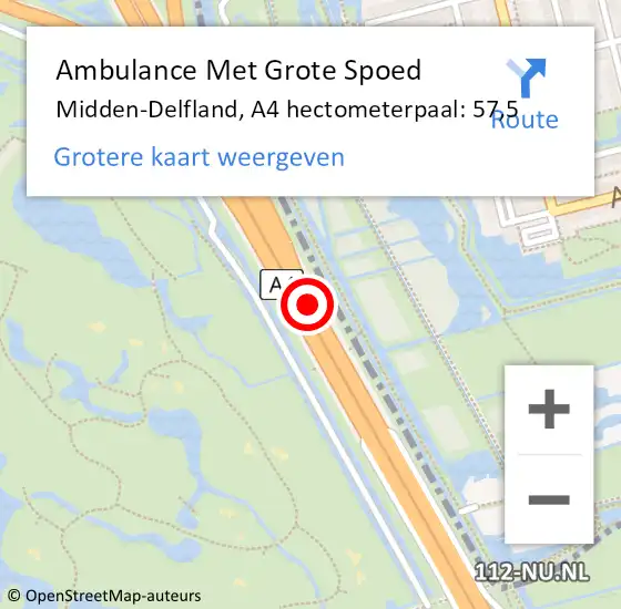 Locatie op kaart van de 112 melding: Ambulance Met Grote Spoed Naar Midden-Delfland, A4 hectometerpaal: 57,5 op 11 november 2022 19:27