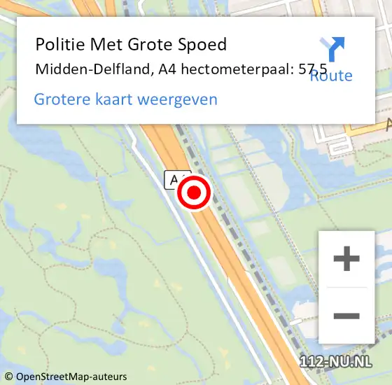 Locatie op kaart van de 112 melding: Politie Met Grote Spoed Naar Midden-Delfland, A4 hectometerpaal: 57,5 op 11 november 2022 19:31