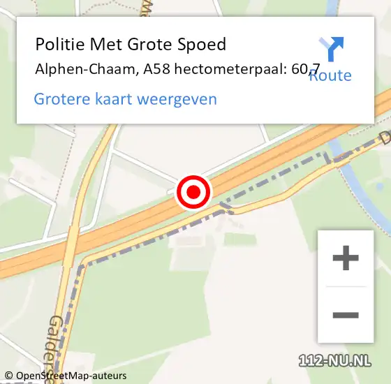 Locatie op kaart van de 112 melding: Politie Met Grote Spoed Naar Alphen-Chaam, A58 hectometerpaal: 60,7 op 11 november 2022 23:40