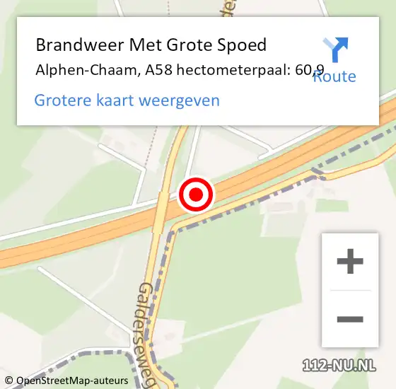 Locatie op kaart van de 112 melding: Brandweer Met Grote Spoed Naar Alphen-Chaam, A58 hectometerpaal: 60,9 op 11 november 2022 23:40