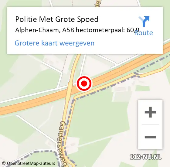 Locatie op kaart van de 112 melding: Politie Met Grote Spoed Naar Alphen-Chaam, A58 hectometerpaal: 60,9 op 11 november 2022 23:40